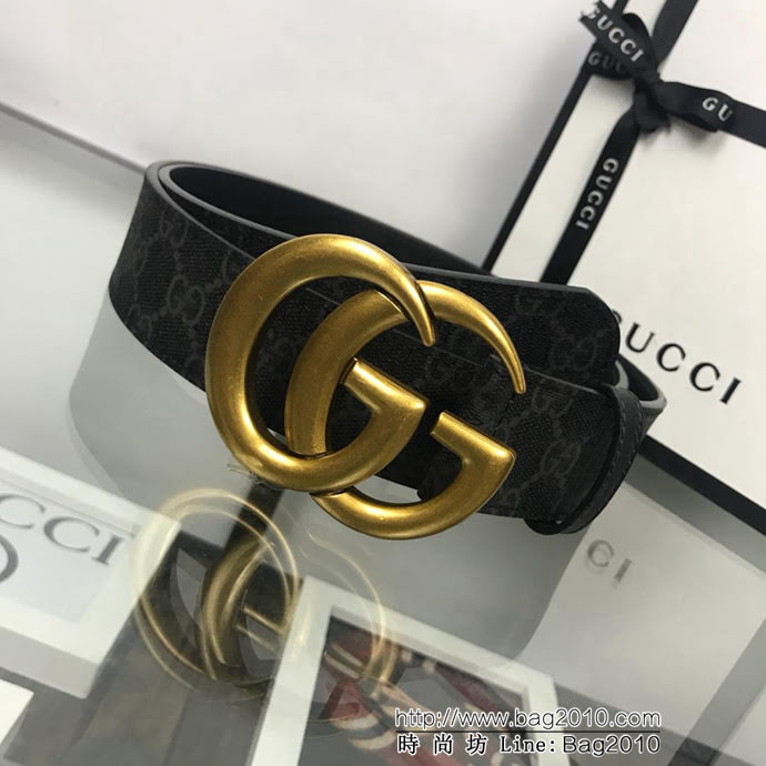 GUCCI古馳 官網經典款 原單品質 專櫃PVC提花面料 頭層黑色皮底 原單復古金GG扣 男士皮帶  xfp1447